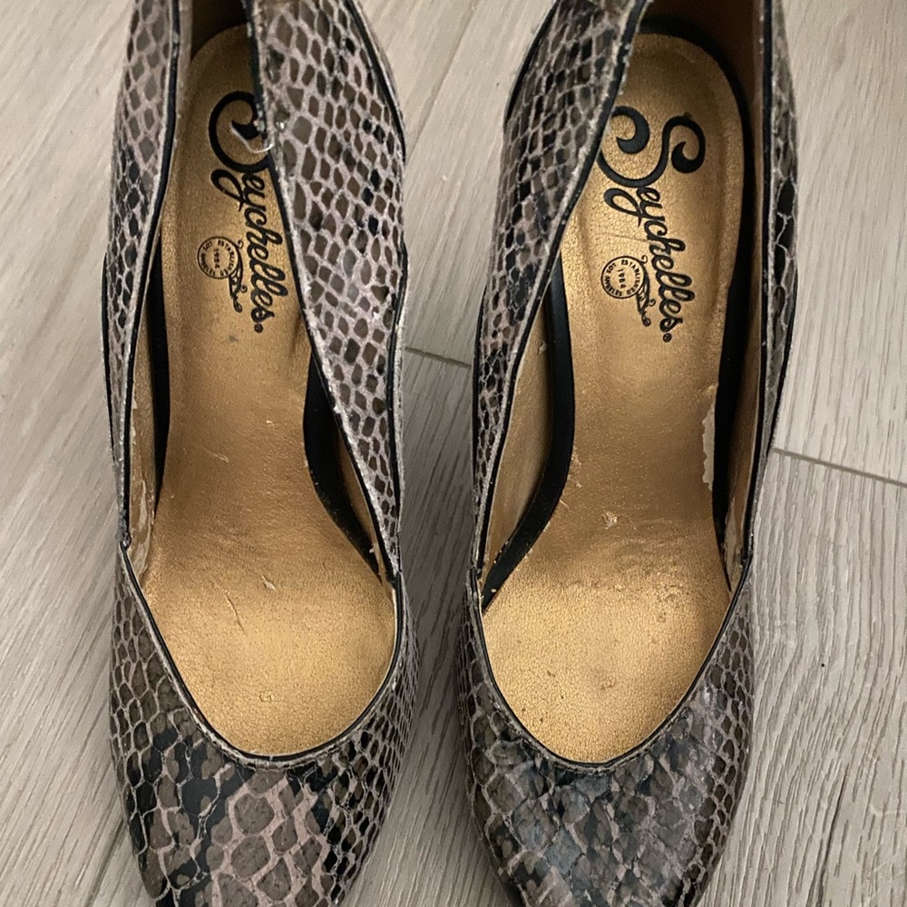 Seychelles Snake-Print Pointed-Toe Pumps in Taupe and Black